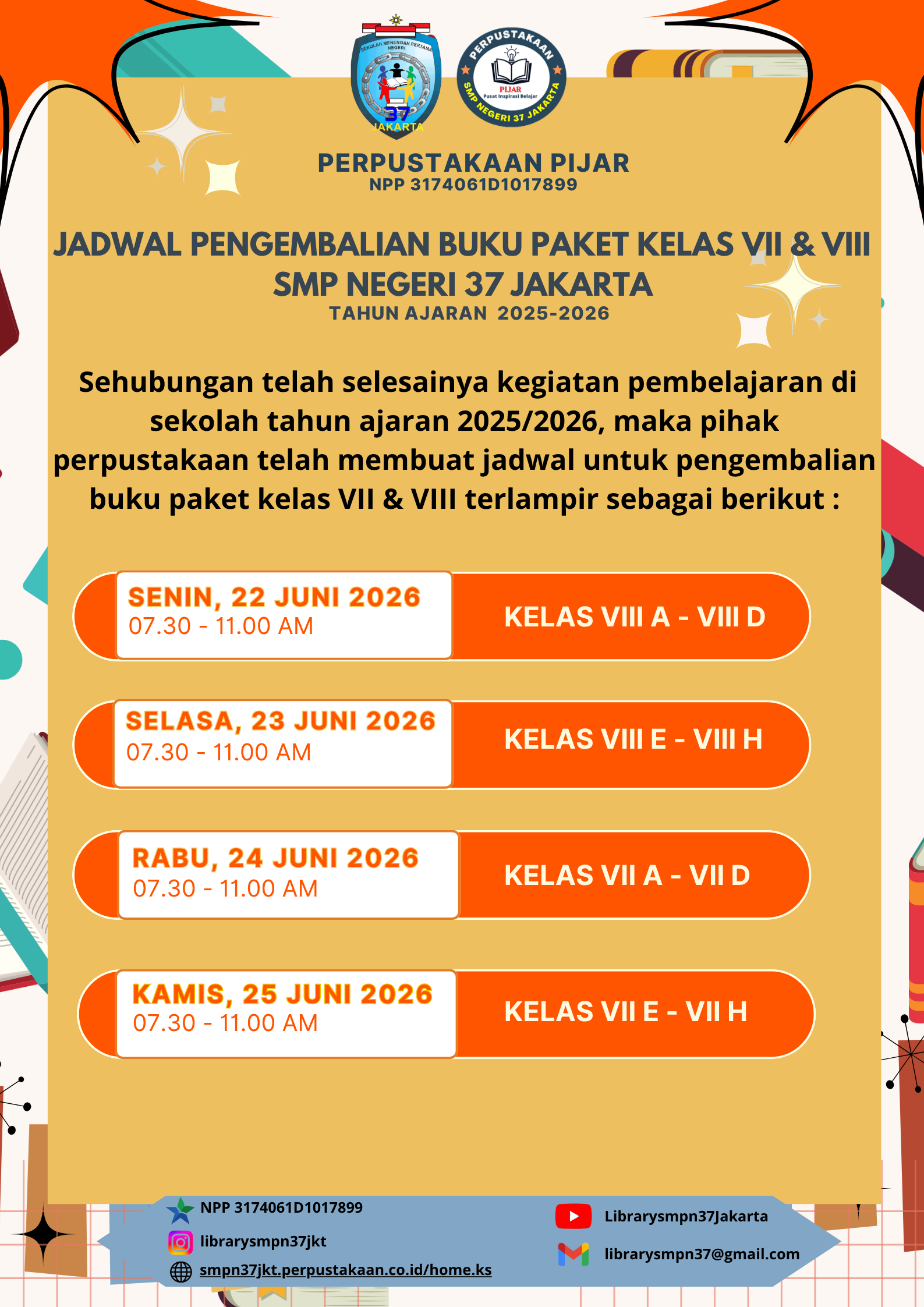Jadwal Pengembalian Buku Paket Kelas VII & VIII TA. 2025-2026